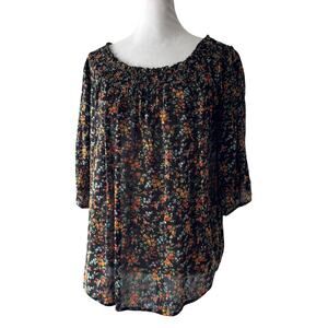 Bailey & Chloe Black Floral Print Scoop Neck 3/4 Sleeve Blouse